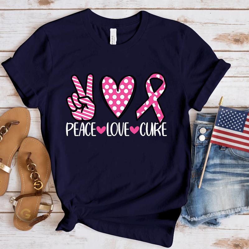 Neues Lustiges Brustkrebs-Bewusstseins-Frieden-Liebe-Heilung T-Shirt Unisex Kurzarm O-Ausschnitt Sommer Lässig Buchstabenaufdruck T-Shirt Oberteil