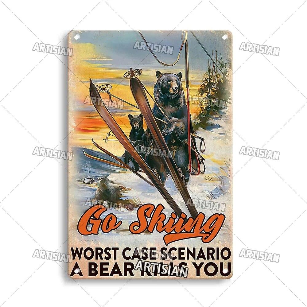 Artisian Skiing Metal Poster Snowboarding Tin Sign Sledding Sport Decorative Plaque Wall Decor Garage Bar Pub Club Hotel Cafe