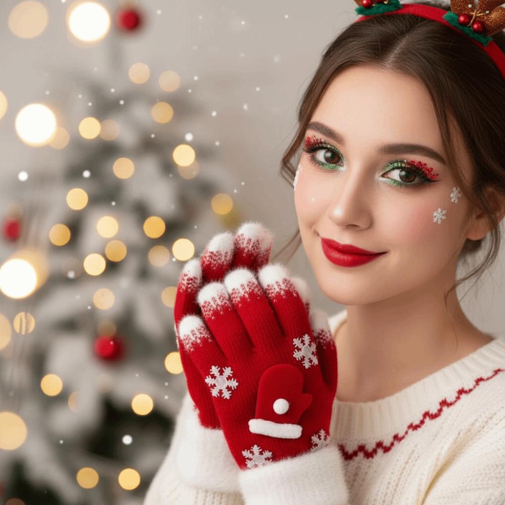 Red Green Winter Knit Mittens Knitted Woolen Full Finger Gloves Christmas Gloves  Party Wear