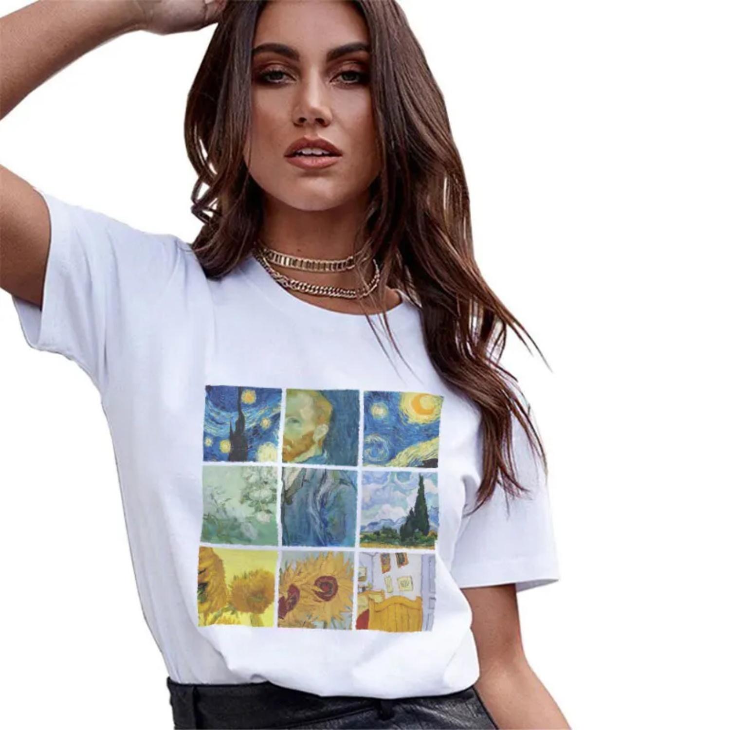

Summer Women T-shirt Casual Van Gogh Painting Print Harajuku Short Sleeve Tshirt Round Neck White Tees Shirt Tops Female Clothes XXXXXL білий