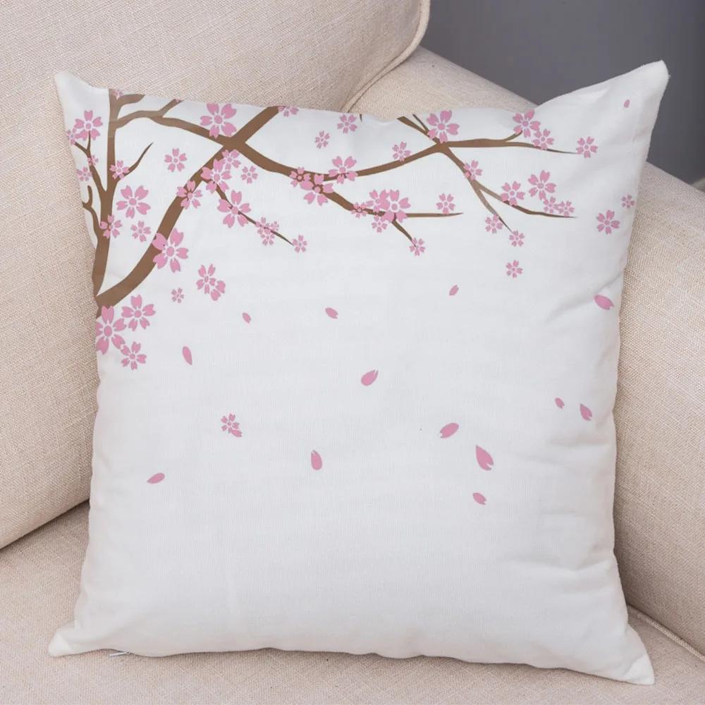Pink Peach Blossom Cushion Cover Decor Watercolor Cartoon Plant Tree Pillow Case for Sofa Home Car Soft Plush Pillowcase 45x45cm