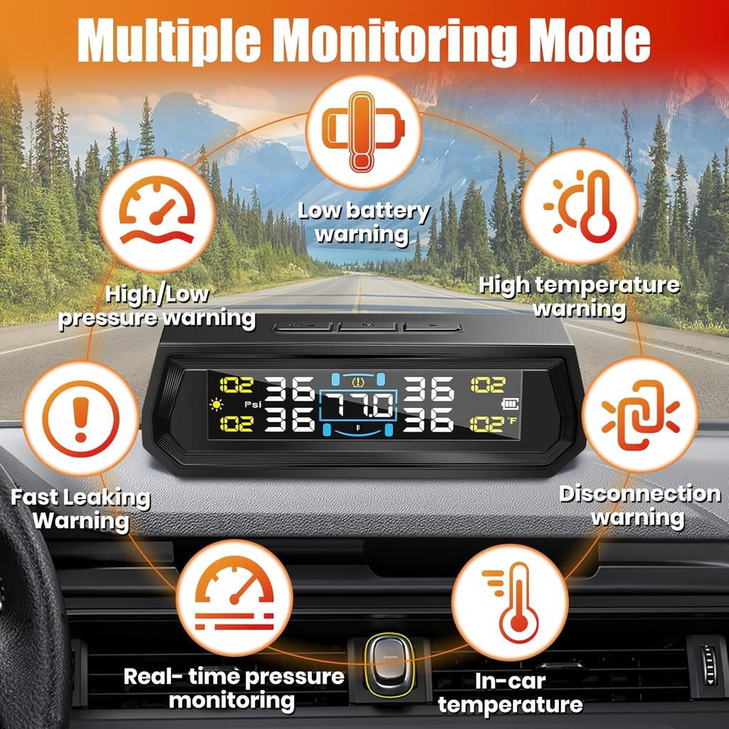 Car TPMS With USB Charging Solar Powered Display With 4 External Tire Sensor For Auto Tyre Security Device