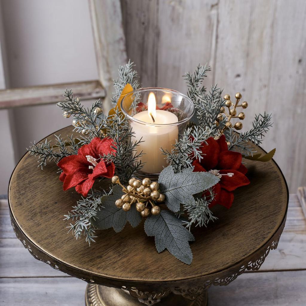 Christmas Candle Wreath Artificial Floral Greenery 25cm Garland Table Centerpiece for Holiday Xmas Desktop Decoration