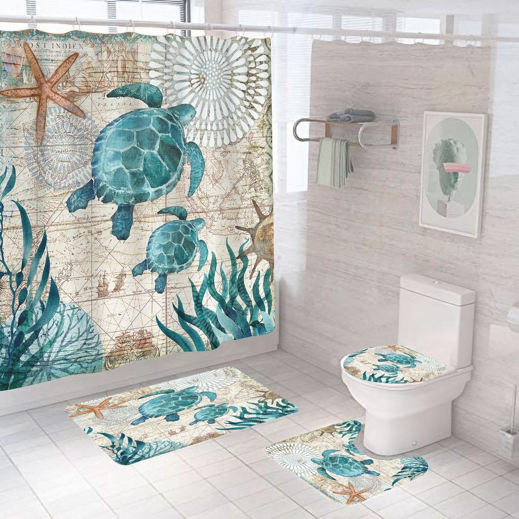 Bathroom Shower Curtain Four-piece Digital Printing Sand Underwater World Waterproof Shower Curtain Shower Curtain Partition Curtain Bath Mat