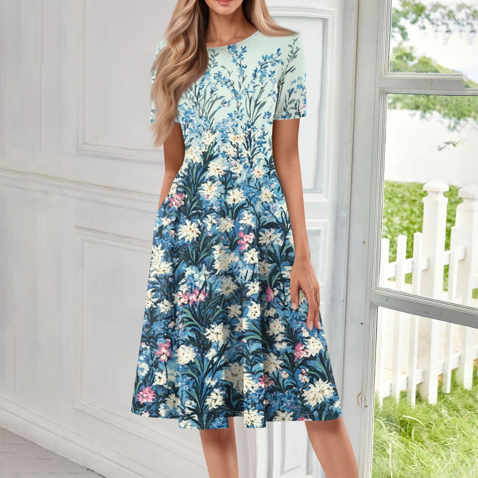 

Женское свободное повседневное и модное платье с круглым вырезом и короткими рукавами, средней длины с принтом XL небесно-голубой