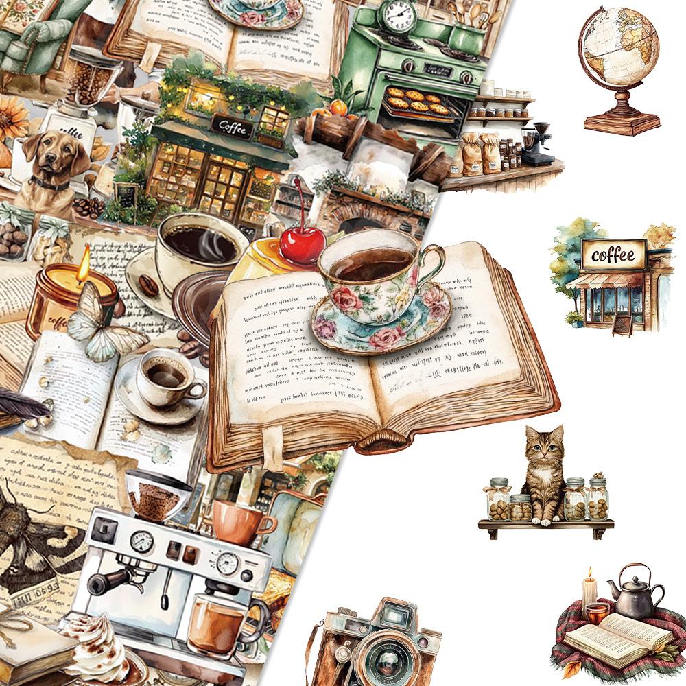 50 Pieces of Coffee Lovers Sticker Handbooks Combined Into A Collage To Decorate The Thermos Cup Notebook Stickers