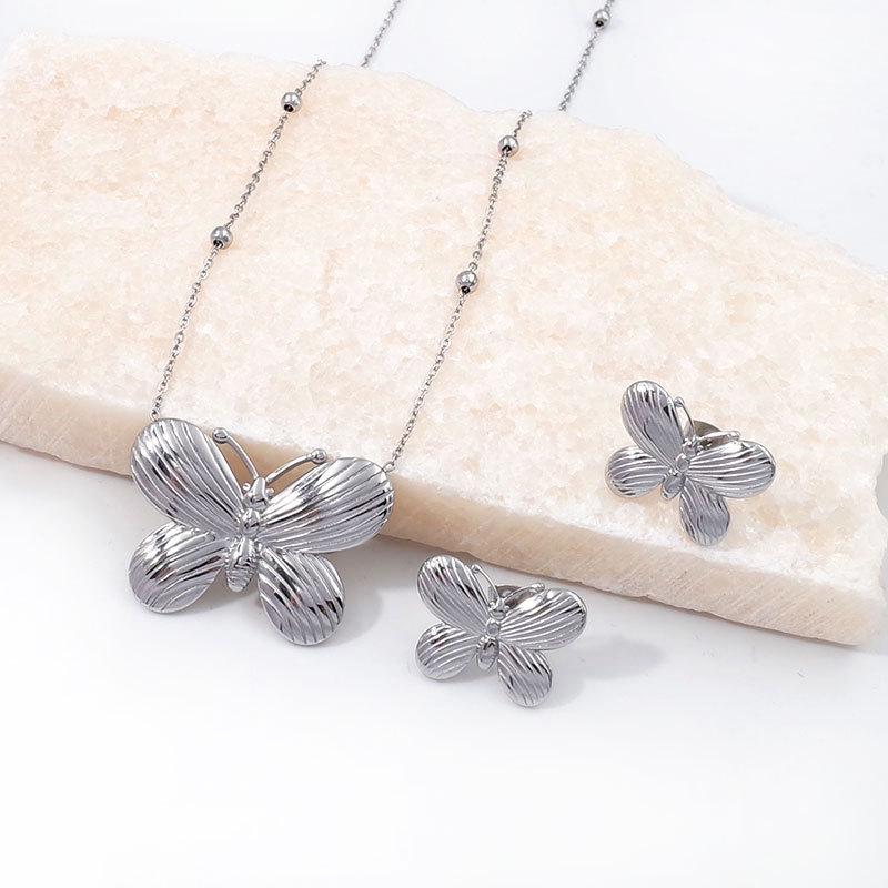 Gold and Silver-Plated Titanium Butterfly Pendant Necklace and Earring Set - Light Luxury Women's Jewelry Clavicle Chain