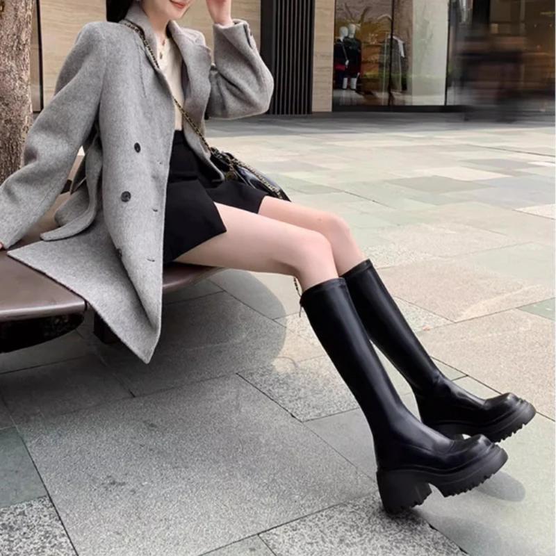 Women's High Over-the-knee Boots Round Head Half-zipper Elastic Thin Thick Bottom Boots Two Heights Optional Fashion Boots Shoes