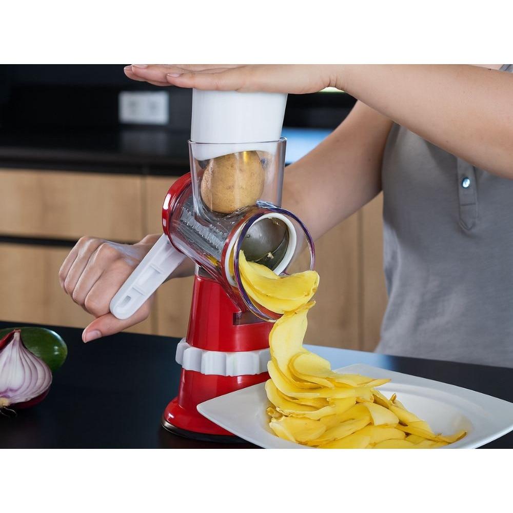 Feliator Manual 3-in-1 Ayawaska Slicer, 3 Interchangeable Stainless Steel Blades, Non-Slip Suction Base, Red Kitchen Tool