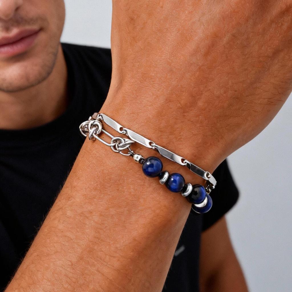 Hip Hop Blue Tiger Eye Beads Bracelet for Men,Stainless Steel Double Layers Chain Wristband,Cool Fahion Jewelry Gift