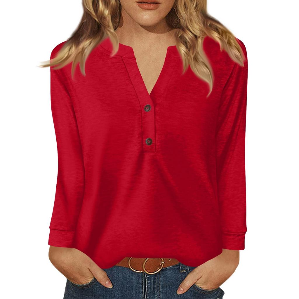 Women's T Shirt Solid Color Button Long Sleeve Daily Weekend Fashion Basic V- Neck Regular Top