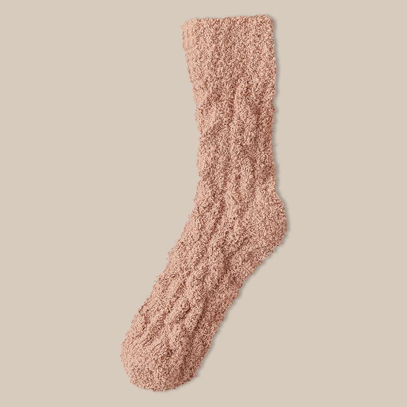 Couple's Coral Fleece Mid-Calf Terry Socks - Solid Color, Velvet Thickened for Winter Warmth & Cold Protection, Ideal for Home & Sleep.