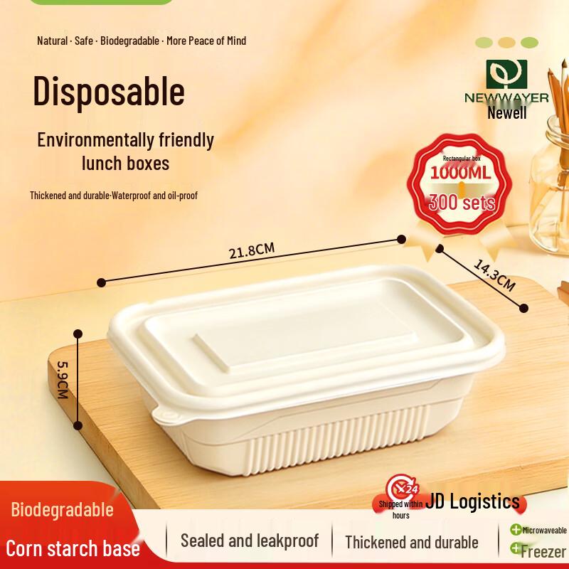 Compostable 1000ml Rectangular Takeout Containers with Lids (300 Sets)