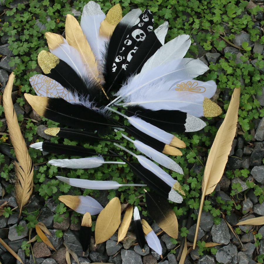 DIY Feather Jewelry Accessories: Large Floating Gold Feather, Small Straight Knife, Spray Gold Gradient Feather