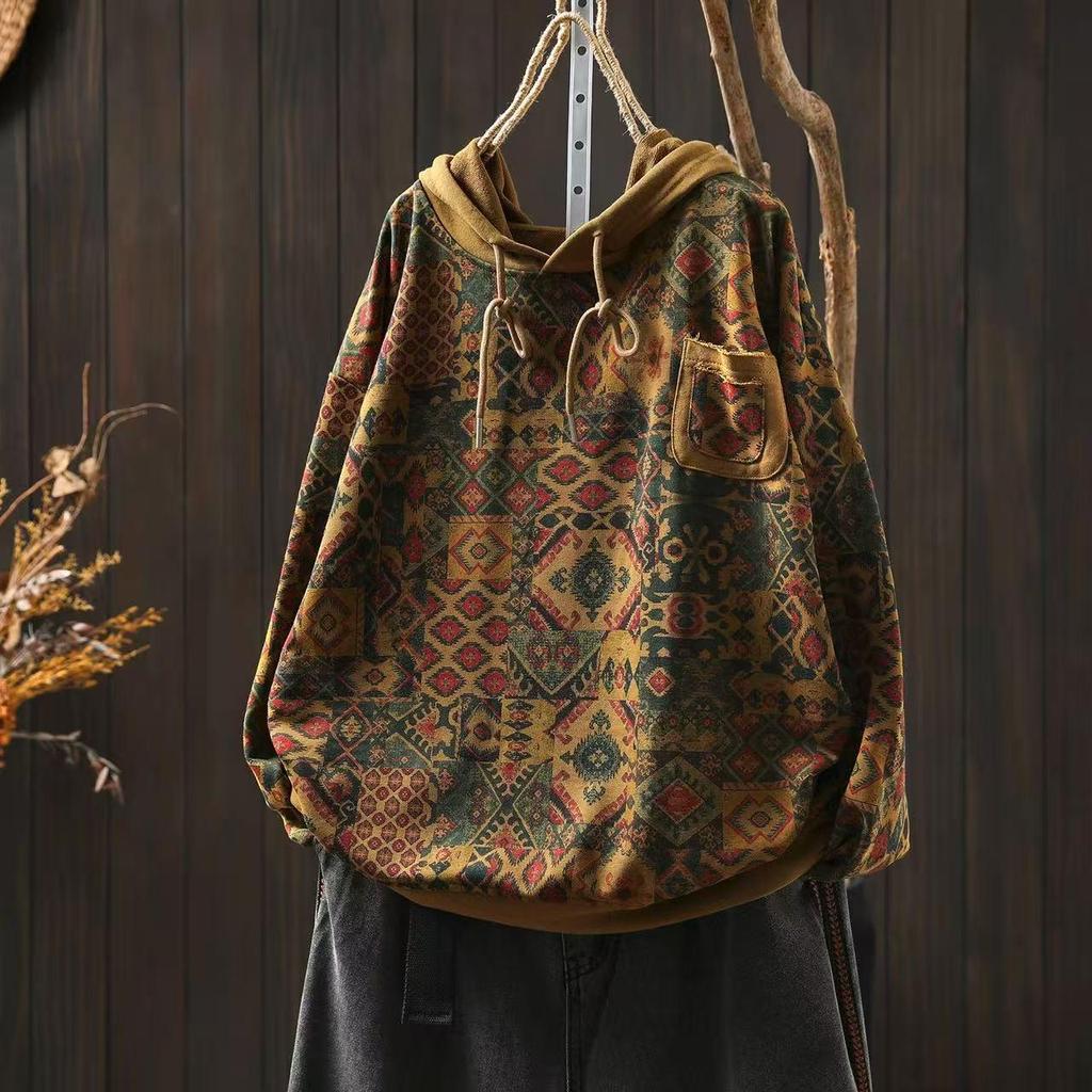 Hanorac Casual Loose cu Mânecă Lungă și Imprimeu Retro pentru Femei - Toamnă