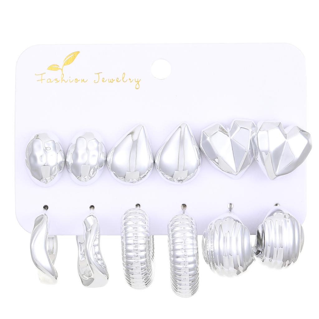 2026 style earrings, personalized earrings C-shaped irregular exaggerated alloy earrings 6-piece set, gold and silver card wholesale