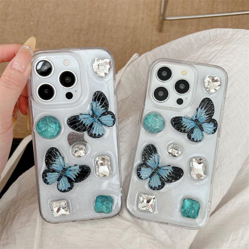 Gem Rhinestone Fine Glitter Mobile Phone Case For Apple 17 Butterfly Iphone16Promax Transparent 14 Anti-Drop 15