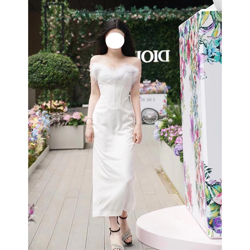Feather Tube Top French-Style Celebrity-Inspired Slimming Evening Dress for Women