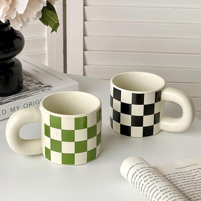 Ins-Style Chessboard Ceramic Mug with Coaster