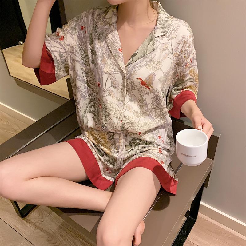 Ice Silk Women's Mori Style Long Sleeve & Pants Floral Pajama Set