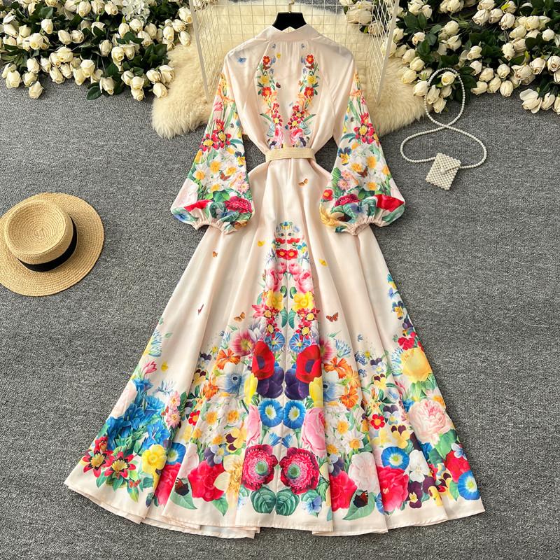 Spring Autumn Women Plus Size Print Single Breasted Long Maxi Seaside Holiday Beach Dresses with Belt
