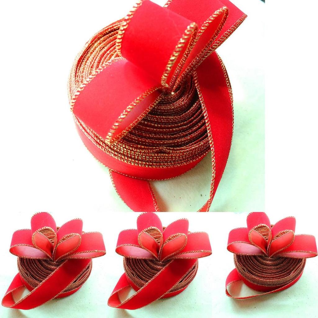 Beautiful 2 Meter Red Gold Edged Velvet Ribbon Perfect For Christmas Tree Decor