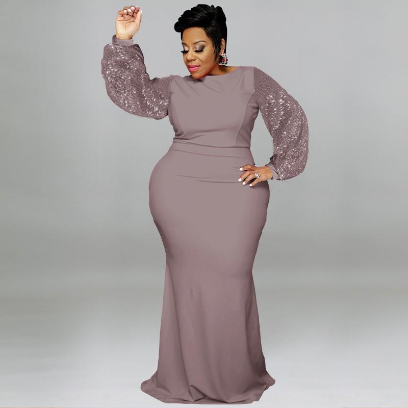 Plus Size Women Long Sleeve Sequin Midi Dress Elegant Office Wear Gray Blue Burgundy Orange XL 2XL 3XL 4XL 5XL Collection