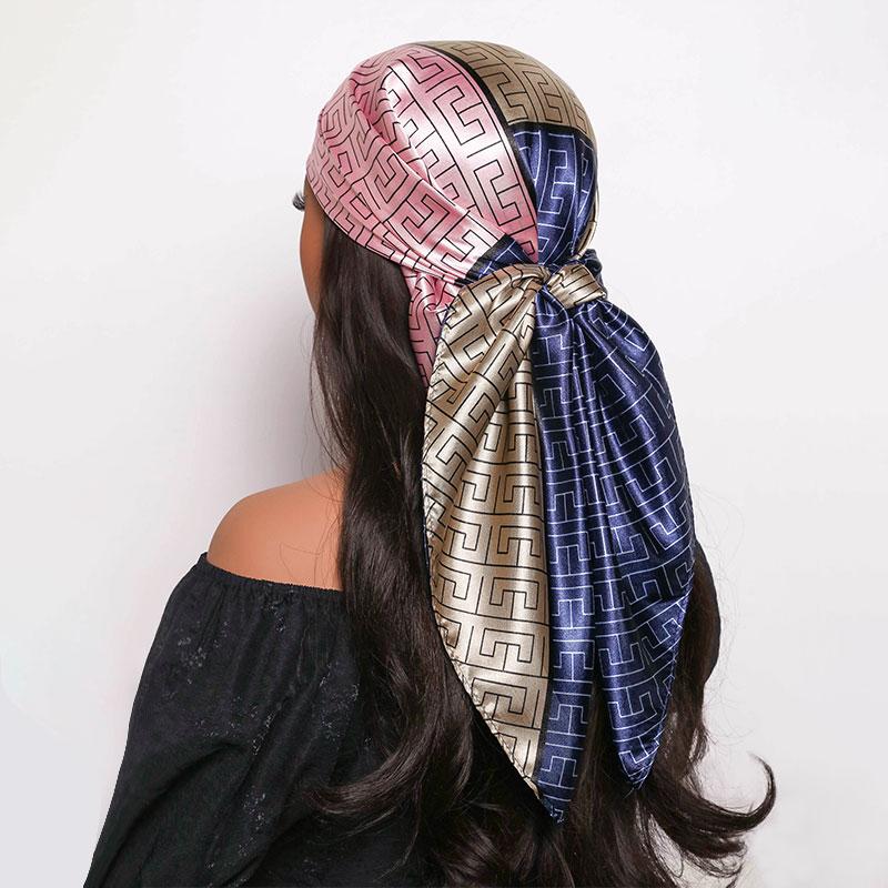 Large Square Vintage Summer Polyester Headscarf New Fashionable Hair Tie Geometric Lines Matching Colors Traditional Scarf Shawl