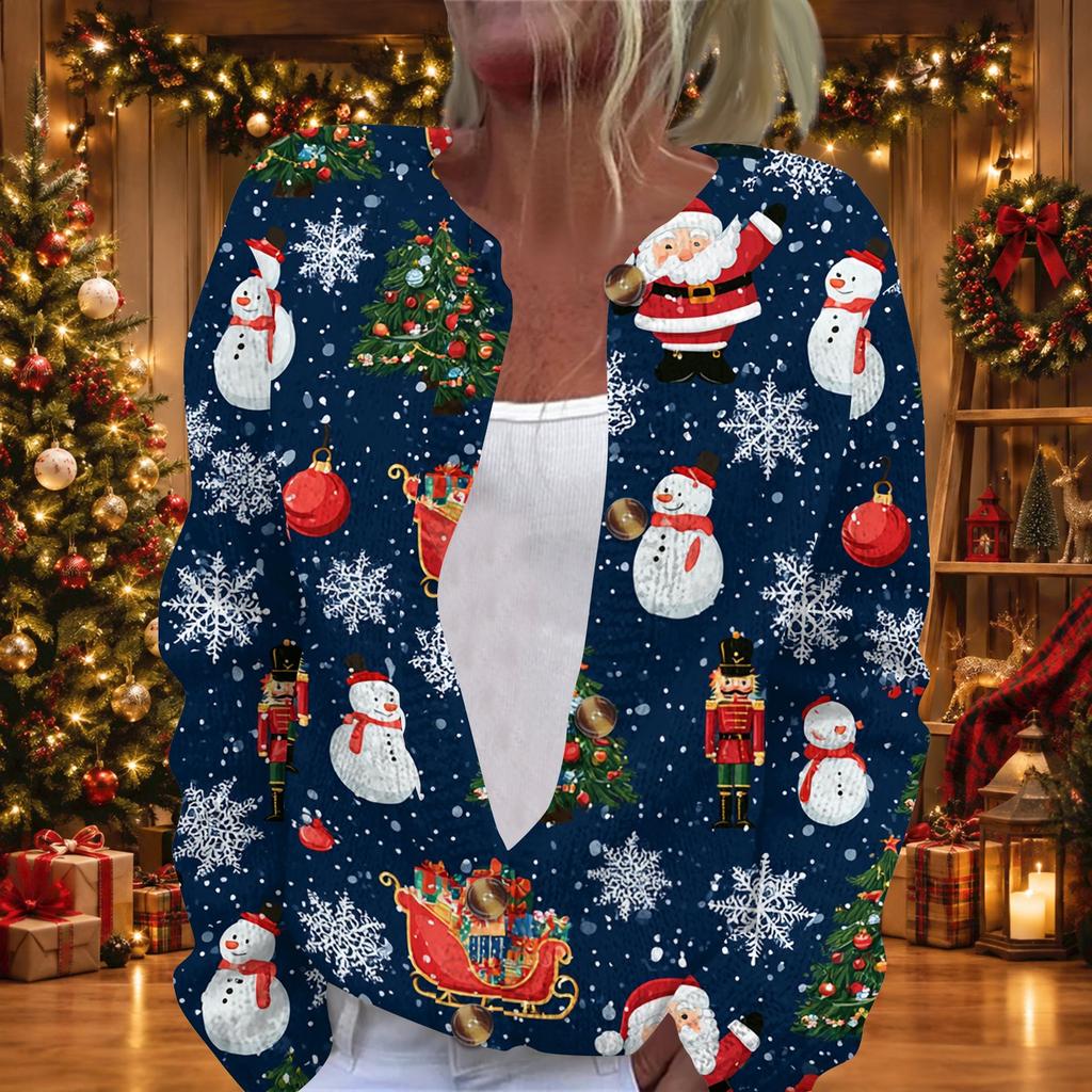 Women's Casual Stylish Christmas Print Long Sleeve Button Down Knit Cardigan