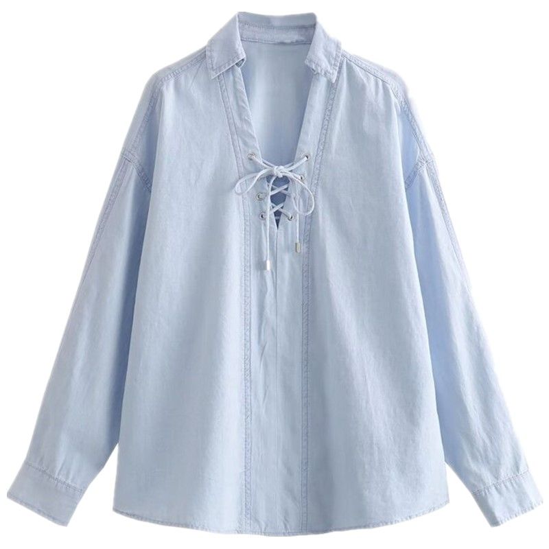 

Модный стиль 2023 Осень Новая женская одежда Стройнящая Легче всего сочетать Вырез На шнуровке Рубашка с длинным рукавом 7797670 406 Blue XS