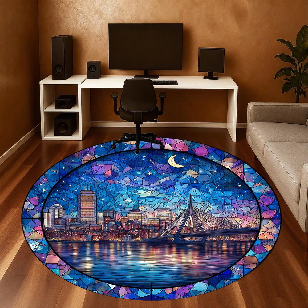 1pc Cityscape Stained Glass Pattern Office Round Rugs, Under Chair Round Rugs for Living Room, Bedroom, Bathroom Decoration Carpet 091813