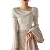 Boat Neck Knit Top with Ribbon Slim J-Scott Motif, Lightweight, Soft, Fit, 1/4 Sleeves, White, JS112-WH-L