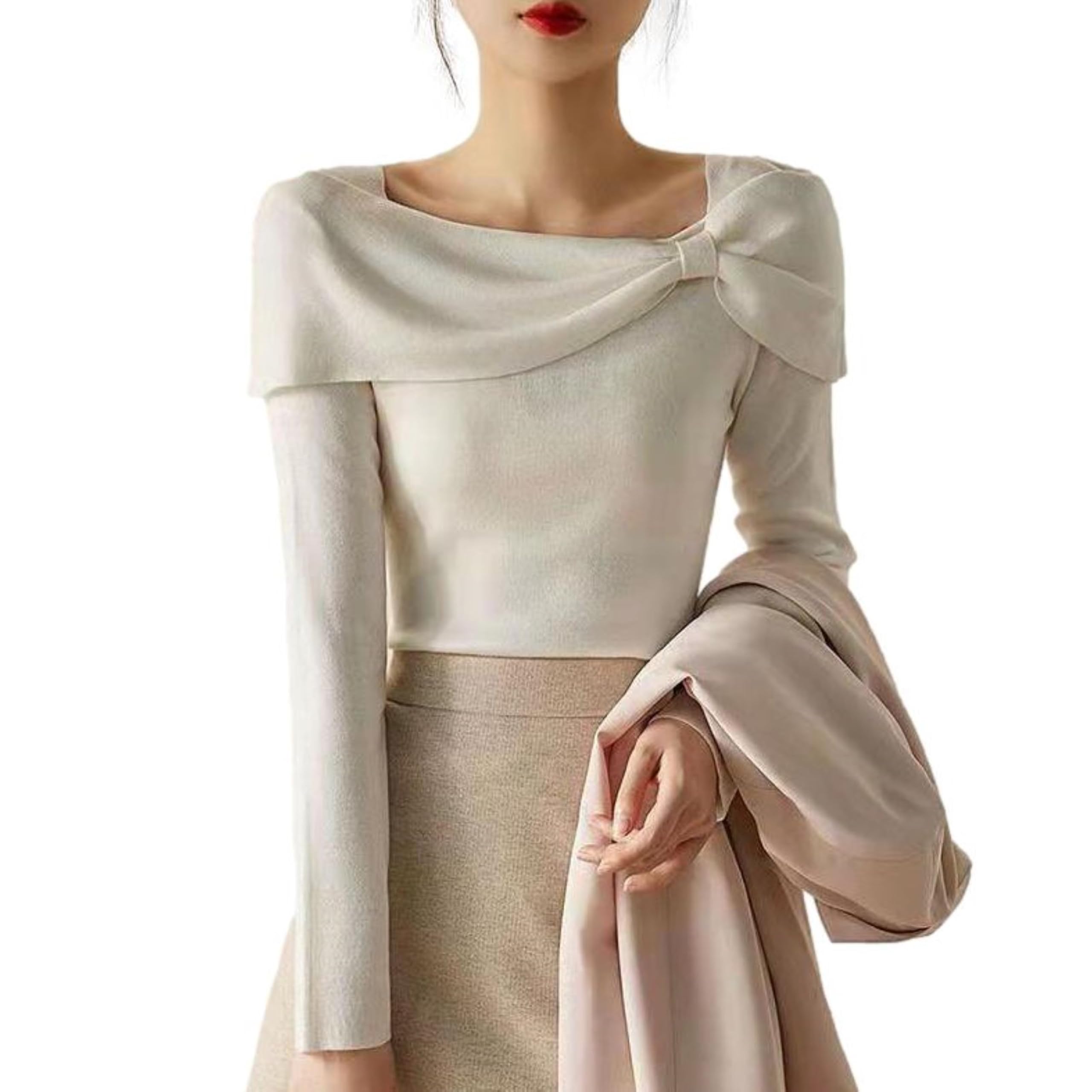 

Boat Neck Knit Top with Ribbon Slim J-Scott Motif, Lightweight, Soft, Fit, 1/4 Sleeves, White, JS112-WH-L белый