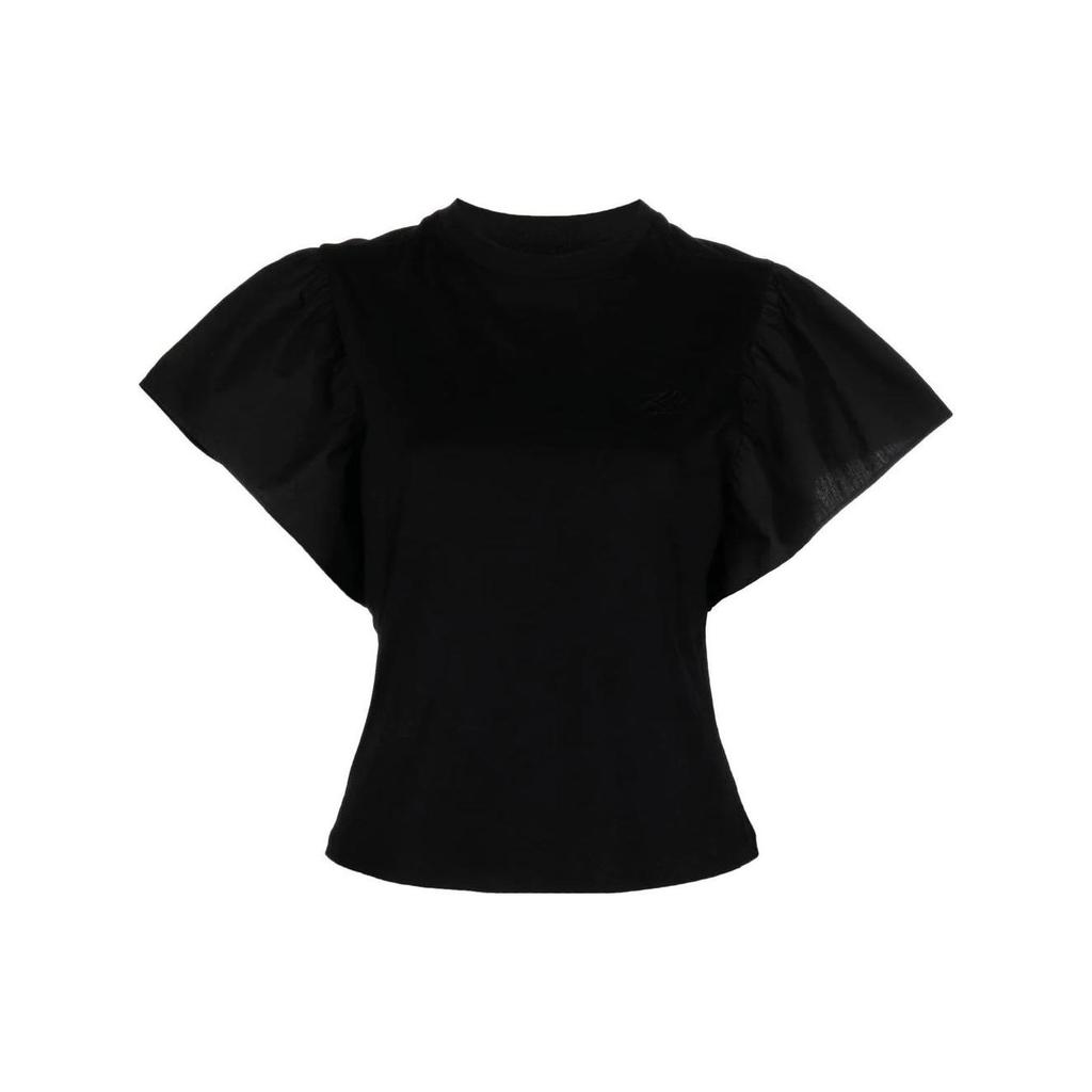 Karl Lagerfeld Elegant Lightweight Outdoor Logo Embroidered Solid Color Short Sleeve Ruffle Sleeve Round Neck Straight T-Shirt Women tops 231W1709999