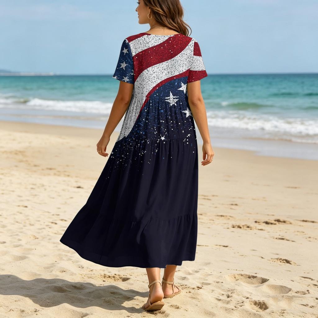 Women’s Short Sleeve V Neck Maxi Dress with Star and Stripe Print Loose Fit Casual A Line Long Dress for Summer Daily Wear