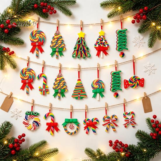 Rustic Holiday Ornaments 16 Pcs Christmas Lollipop Ornaments, Red Green Striped Peppermint Swirl Candy Cane Tree Decor Hanging Decoration, Colorful