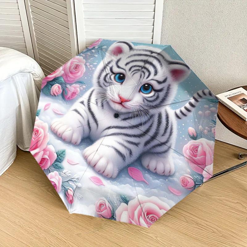 1pc Adorable White Tiger Cub with Pink Roses Umbrella with Plastic Handle,Suitable for All Seasons Home Travel Outdoor UmbrellaDD034