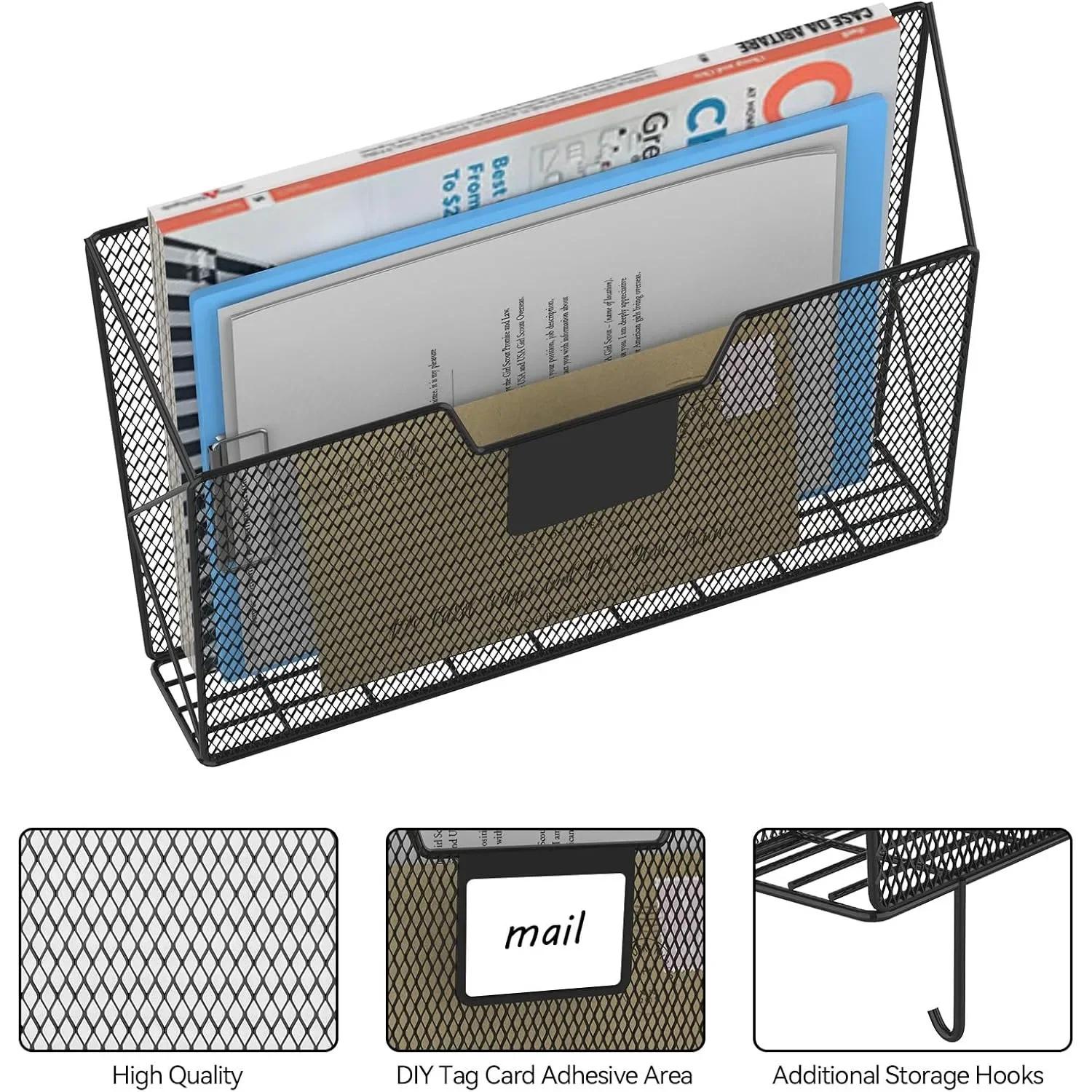 

Набор из 3 металлических настенных органайзеров для документов с крючками и сетчатыми папками - Настенная подставка для журналов для дома и офиса, черная чёрный