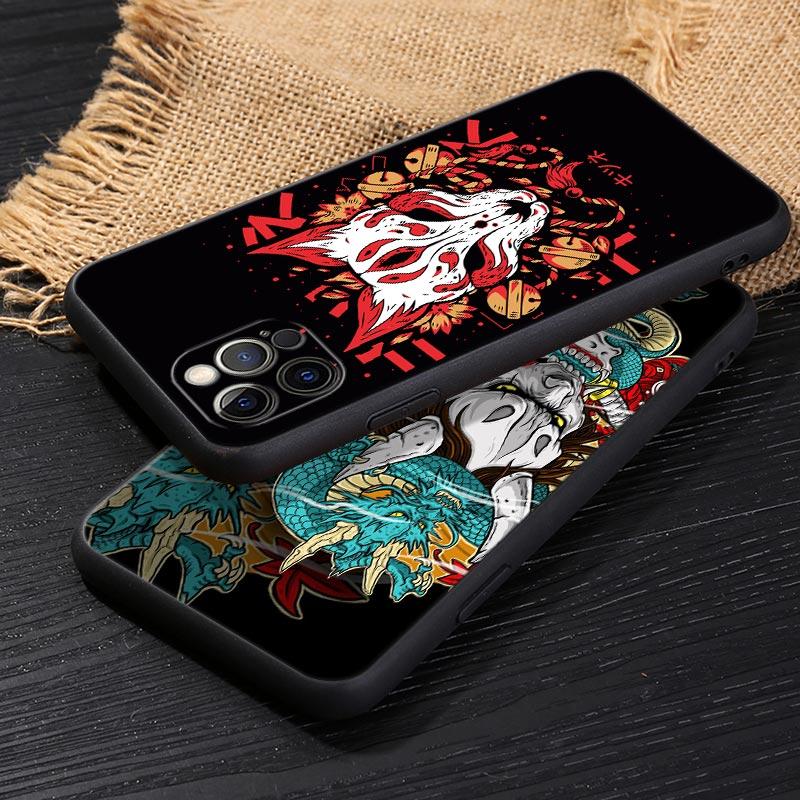 Japan Oni Samurai Yokai Mask Dragon Art Black Cover For Apple iPhone 15 13 14 12 11 Pro Max Mini XS 6 7 8 Plus Cases Soft Fundas