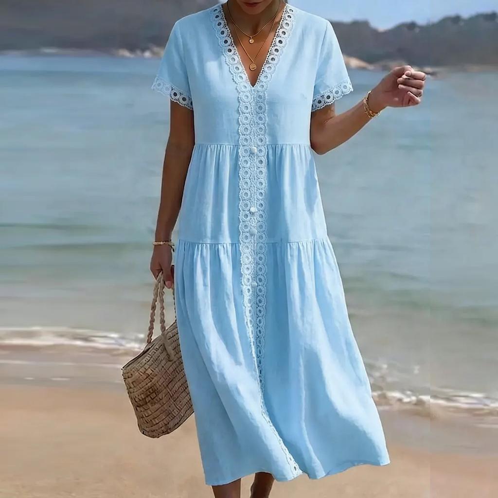 Damen Sommer Mode V-Ausschnitt Kurzarm Farbe Lässig Spitze Patchwork Kleid