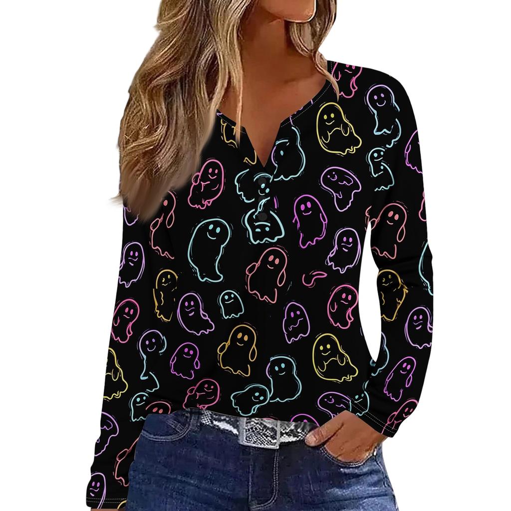 Women's Fashion Casual Halloween Printed V-Neck Button Trim Long Sleeve T-Shirt Top