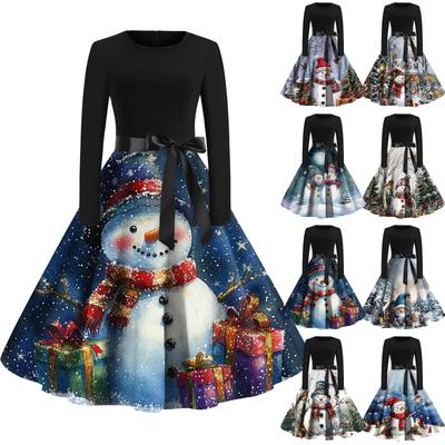 Christmas Print Flare Dress For Women Long Sleeve Dress Hollow Party Casual Dresses