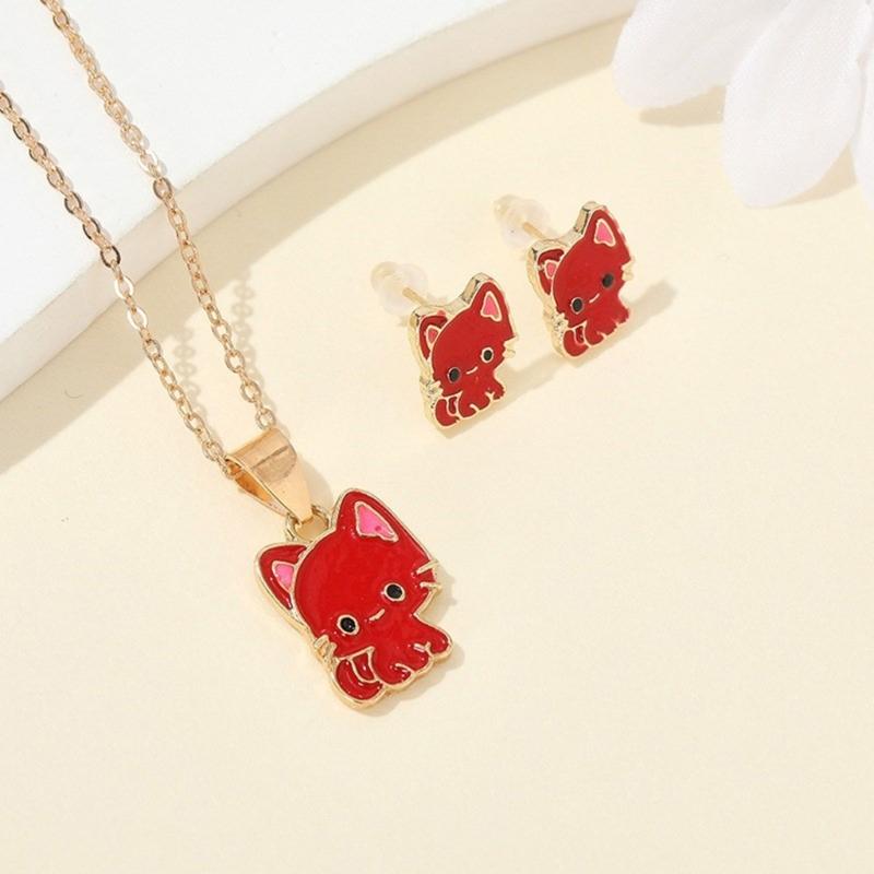 Unique Cats Necklace with Matching Earrings Alloy Texture Fashion Ear Studs Great for Casual and Various Occasions
