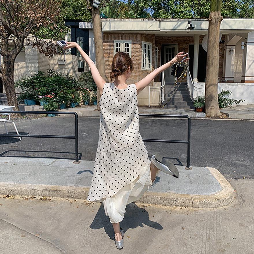 Design sense irregular polka dot vest dress women's summer new loose and thin sleeveless medium and long skirt