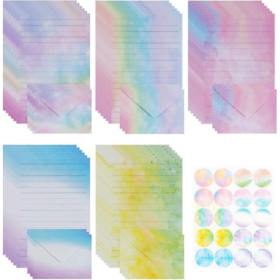 160 Pcs Stationery Paper Set (50 Writing Papers + 50 Matching Envelopes + 60 Round Dot Stickers), Unique Marble Pattern Style Writing Stationery