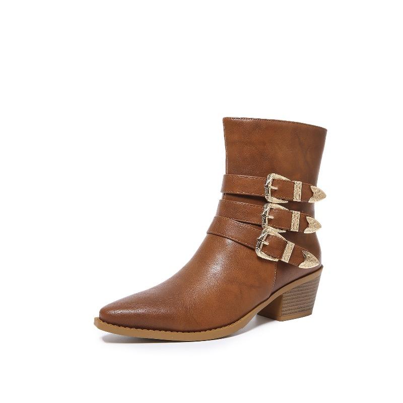 Neue Übergröße Western Chelsea Lederstiefel Damen Retro Gürtelschnalle Dicker Absatz Mode Vielseitige Modestiefel