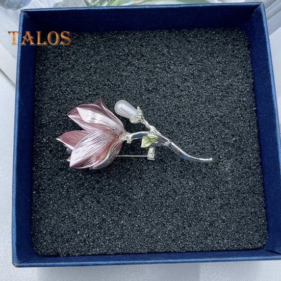 Magnolia Flower Brooch for Women Artificial Flower Pins Faux Pearl Enamel Badges Lapel Pins for Jackets Dresses Coats Accessories