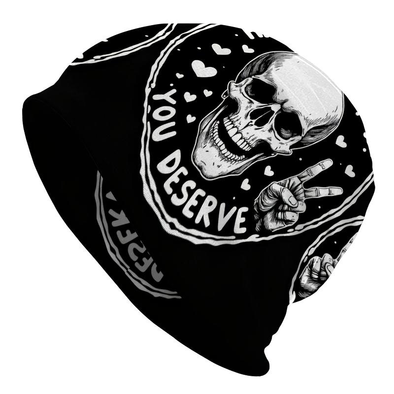 1pc Men's Street Style Skull Knit Beanie - Unique Black and White Skull Pattern, Durable Knit Fabric, Comfortable Stretch Fit, Casual Outdoor Hat, Fes