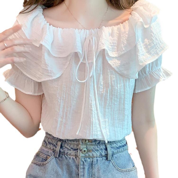 French Fashion Ruffle Edge Slim and Thin Design T-shirt Chic Niche Ins Bubble Sleeves Spice Girl Pure Desire Top