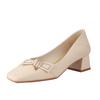 Soft leather can be stepped on~ bow light mouth single shoes new thick heel square head grandma shoes middle heel